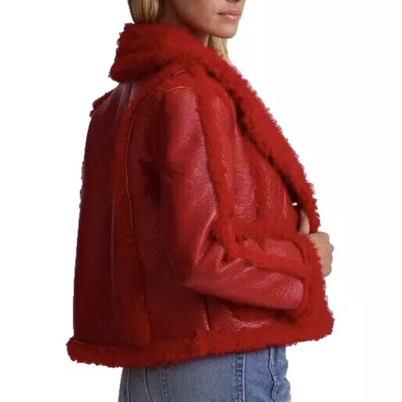 7 FOR ALL MANKIND Stella Red Vegan Leather Faux Shearling Cropped Jacket XS- NWT - Picture 4 of 6